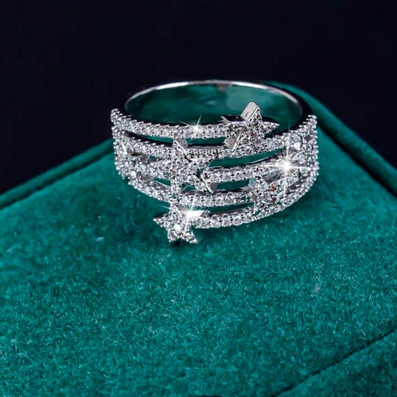 Simulated Diamonds Wrapped Style Star Micro Paved Wide Band Bling Glam Ring, 7 - Picture 2 of 3